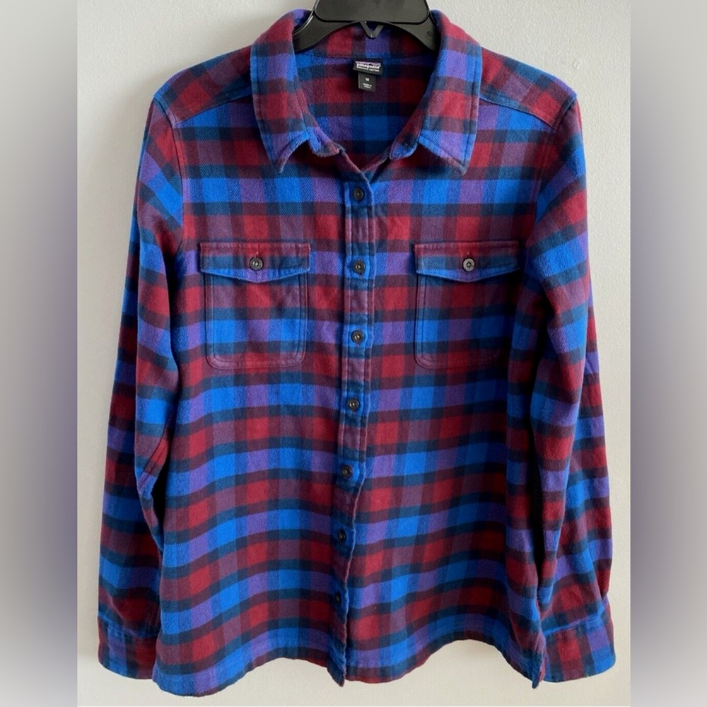 Patagonia 100% Organic Cotton Flannel Shirt Plaid Blue Red Women's Size 6